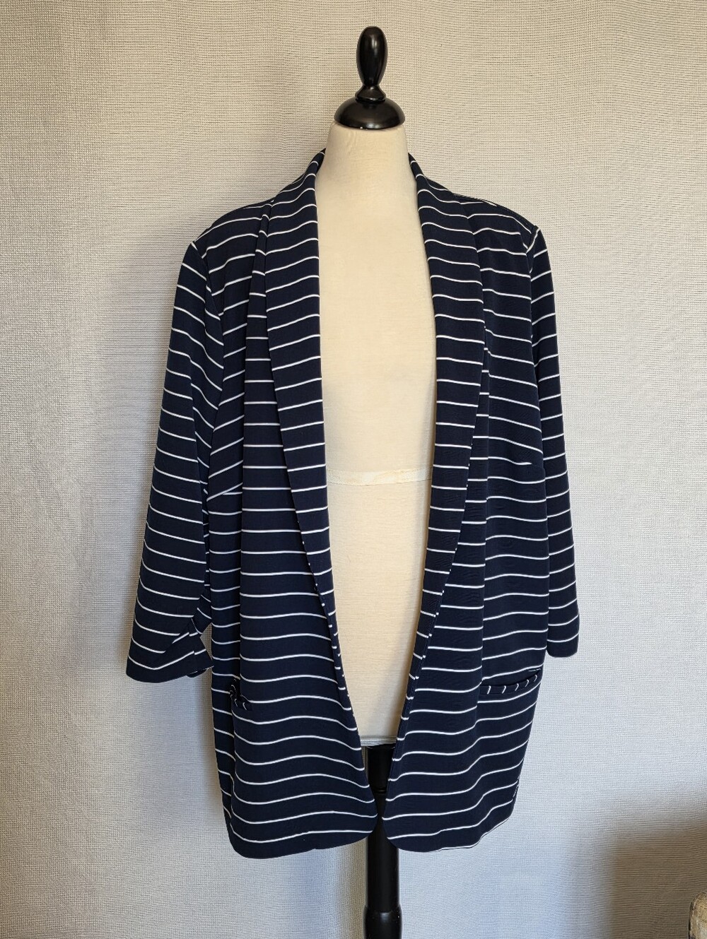 CJ Banks Women's Open Blazer Jacket Navy White Striped Pockets Stretch ~ Size 3X